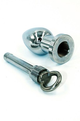 Серебристая полая анальная втулка с вставным поршнем 