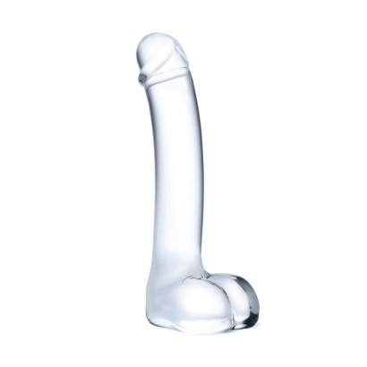 Прозрачный стеклянный фаллос с мошонкой Curved G-Spot - 18 см.