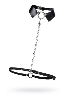 Черная портупея-чокер с поводком и карабином в виде кольца