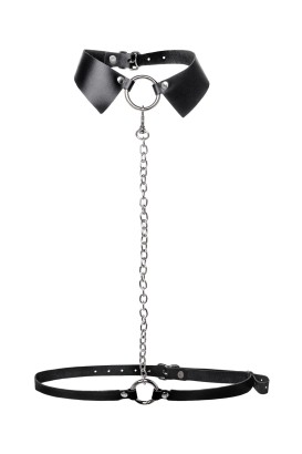Черная портупея-чокер с поводком и карабином в виде кольца