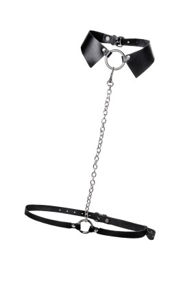 Черная портупея-чокер с поводком и карабином в виде кольца
