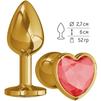 Золотистая анальная втулка с красным кристаллом-сердцем - 7 см.
