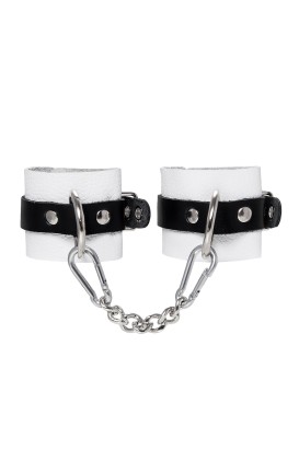 Бело-черные кожаные наручники с одним ремешком с люверсами