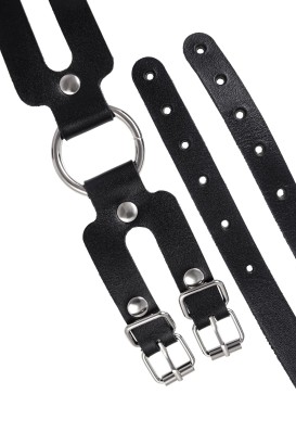 Черные кожаные наручники-браслеты из двух ремешков