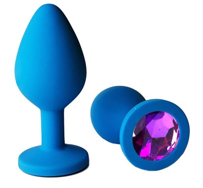 Голубая анальная пробка с фиолетовым кристаллом - 7 см.