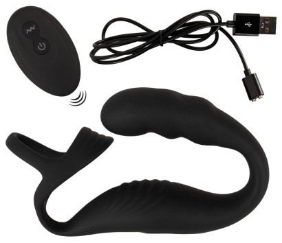 Черное эрекционное кольцо со стимуляцией промежности и анальной пробкой Cock Ring with RC Prostate Plug