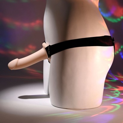 Телесный полый страпон с черными эластичными ремешками Our First Hollow Strap On