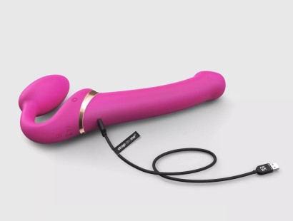 Ярко-розовый безремневой страпон Multi Orgasm Bendable Strap-On size L с клиторальной стимуляцией