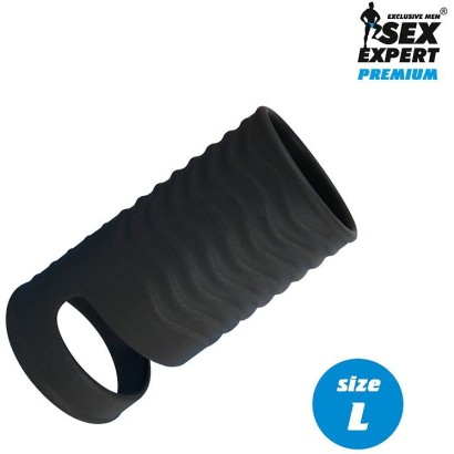 Черная открытая насадка на пенис с кольцом для мошонки L-size - 8,5 см.