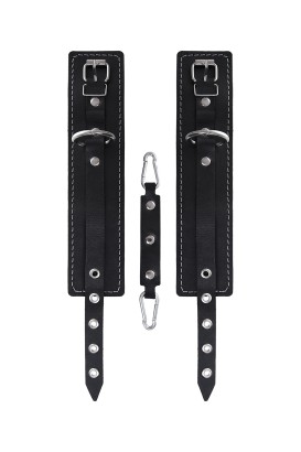 Черные двухслойные кожаные оковы с белой строчкой