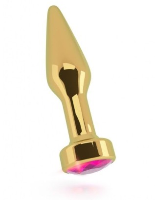 Золотистая анальная пробка R9 RICH Gold/Pink Sapphire с розовым кристаллом - 12 см.