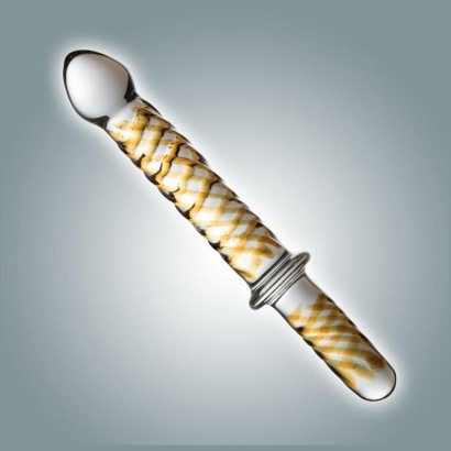 Прозрачный фаллоимитатор с ручкой и золотистым узором - 23 см.
