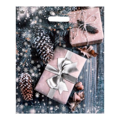 Новогодний пакет с принтом в виде подарков и вырубной ручкой (45х38 см)