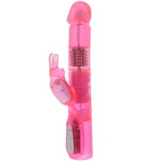 Розовый вибратор с вращающимися бусинами и клиторальным зайчиком EXOTIK RABBIT - 23 см.