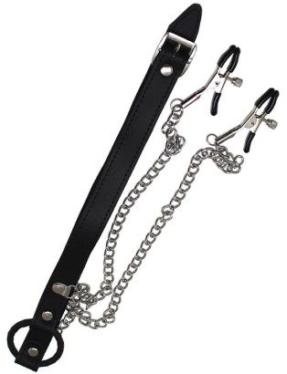 Черный кляп-кольцо с серебристым зажимами для сосков