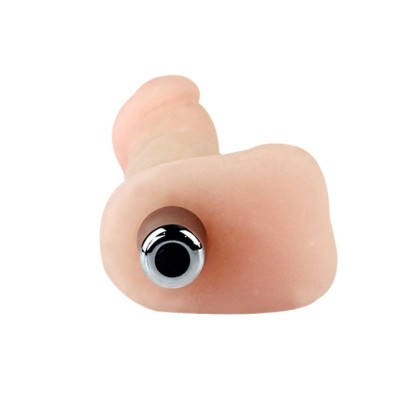 Телесный мини-вибромассажер с мошонкой - 12,5 см.