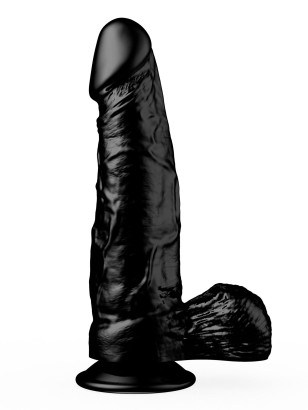 Чёрный фаллоимитатор с мошонкой на подошве-присоске - 16,5 см.