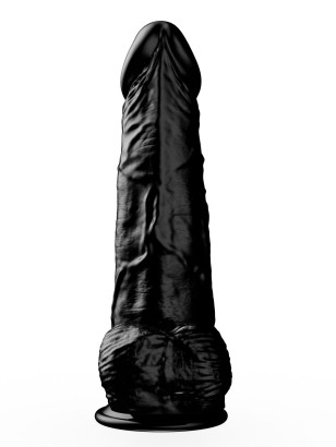 Чёрный фаллоимитатор с мошонкой на подошве-присоске - 16,5 см.