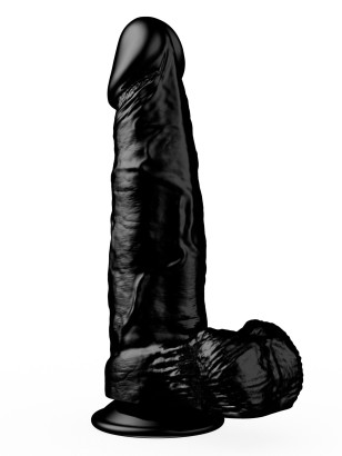 Чёрный фаллоимитатор с мошонкой на подошве-присоске - 16,5 см.