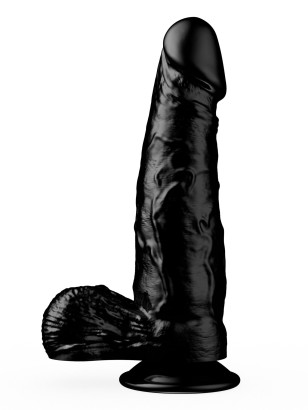 Чёрный фаллоимитатор с мошонкой на подошве-присоске - 16,5 см.