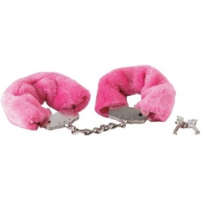 Розовые меховые наручники на сцепке с ключами