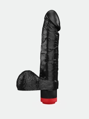 Чёрный виброфаллос с пышной мошонкой - 16 см.
