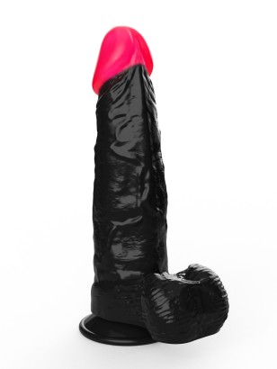 Чёрный фаллоимитатор с красной головкой - 18,5 см.