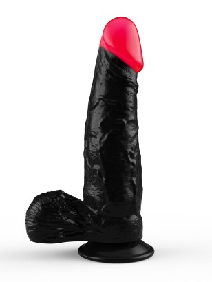 Чёрный фаллоимитатор с красной головкой - 18,5 см.