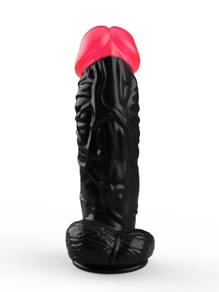 Чёрный фаллоимитатор с красной головкой - 20 см.