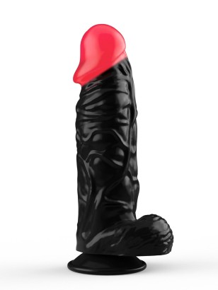 Чёрный фаллоимитатор с красной головкой - 20 см.