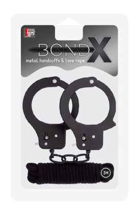 Чёрные наручники из листового металла в комплекте с веревкой BONDX METAL CUFFS&LOVE ROPE SET