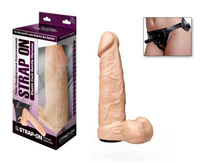 Реалистичный фаллоимитатор с мошонкой на трусиках Харнесс - 16,5 см.