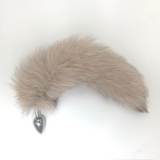 Серебристая металлическая анальная пробка с бежевым хвостом - размер S