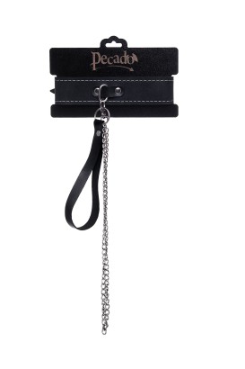 Кожаный двухслойный ошейник с белой строчкой и поводком