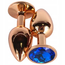 Золотистая анальная пробка с синим кристаллом - 6,8 см.