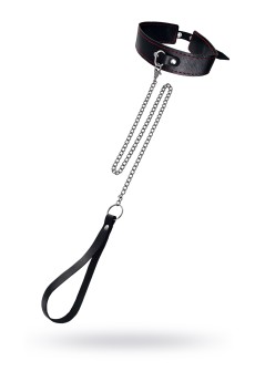 Кожаный двухслойный ошейник с красной строчкой и поводком