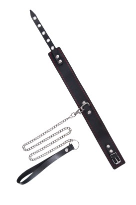 Кожаный двухслойный ошейник с красной строчкой и поводком