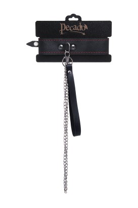 Кожаный двухслойный ошейник с красной строчкой и поводком