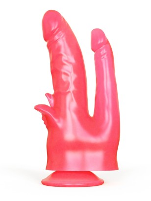 Розовый двойной фаллоимитатор с лепестками и присоской - 17 см.