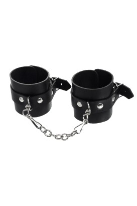 Черные однослойные наручники из натуральной кожи с цепочкой
