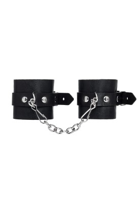 Черные однослойные наручники из натуральной кожи с цепочкой
