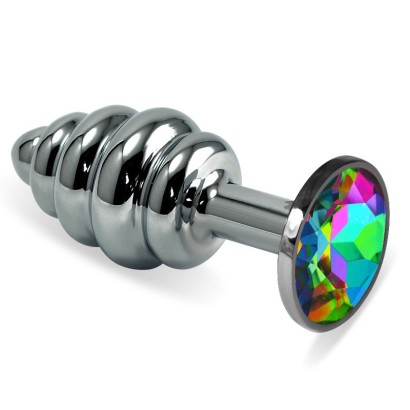 Серебристая ребристая анальная пробка с разноцветным кристаллом - 7,5 см.