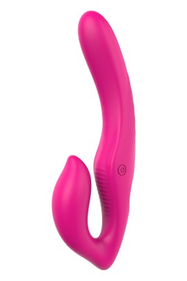 Ярко-розовый безремневой страпон REMOTE DOUBLE DIPPER - 22 см.