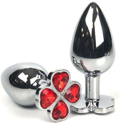Серебристая анальная втулка с клевером из красных кристаллов - 9 см.