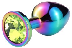 Разноцветная гладкая анальная пробка с салатовым кристаллом - 7,5 см.