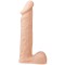 Телесный фаллоимитатор с мошонкой и заострённой головкой - 23 см.