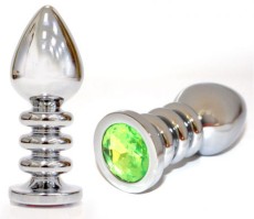 Большая серебристая анальная пробка с светло-зелёным кристаллом - 10 см.