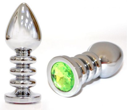 Большая серебристая анальная пробка с светло-зелёным кристаллом - 10 см.